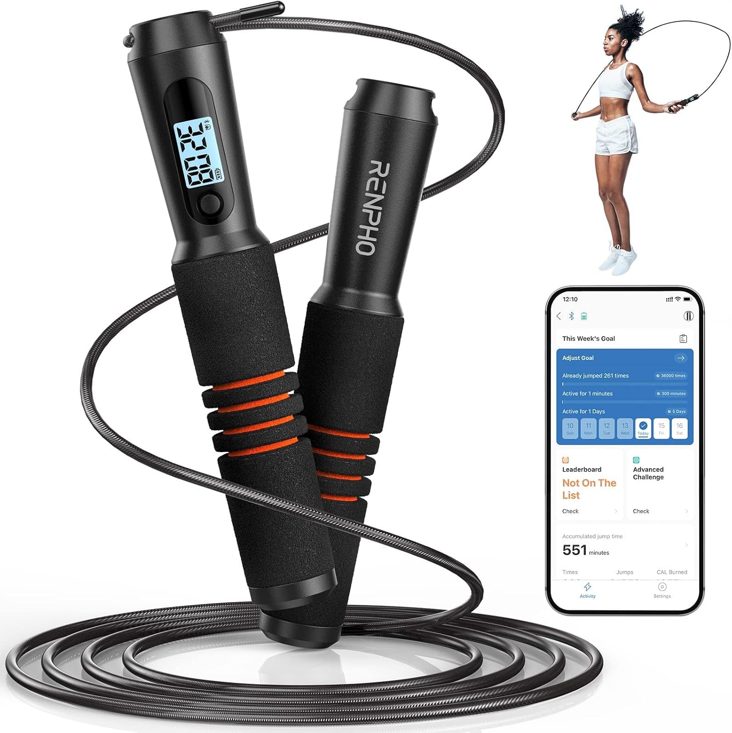 RENPHO Smart Skipping Rope with Counter, Adjustable Jump Ropes for Fitness, Skip Rope with APP Data Analysis