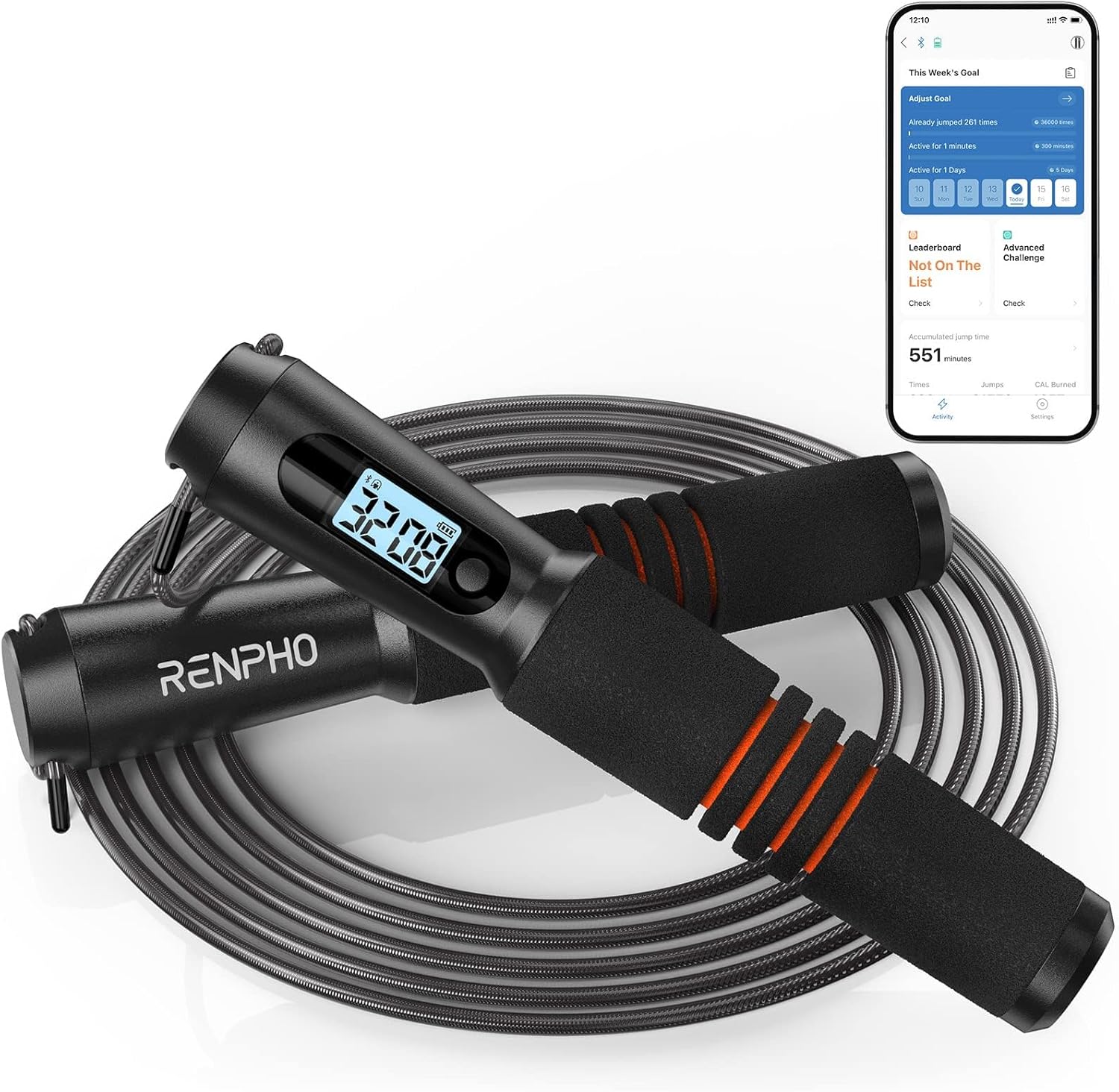RENPHO Smart Skipping Rope with Counter, Adjustable Jump Ropes for Fitness, Skip Rope with APP Data Analysis